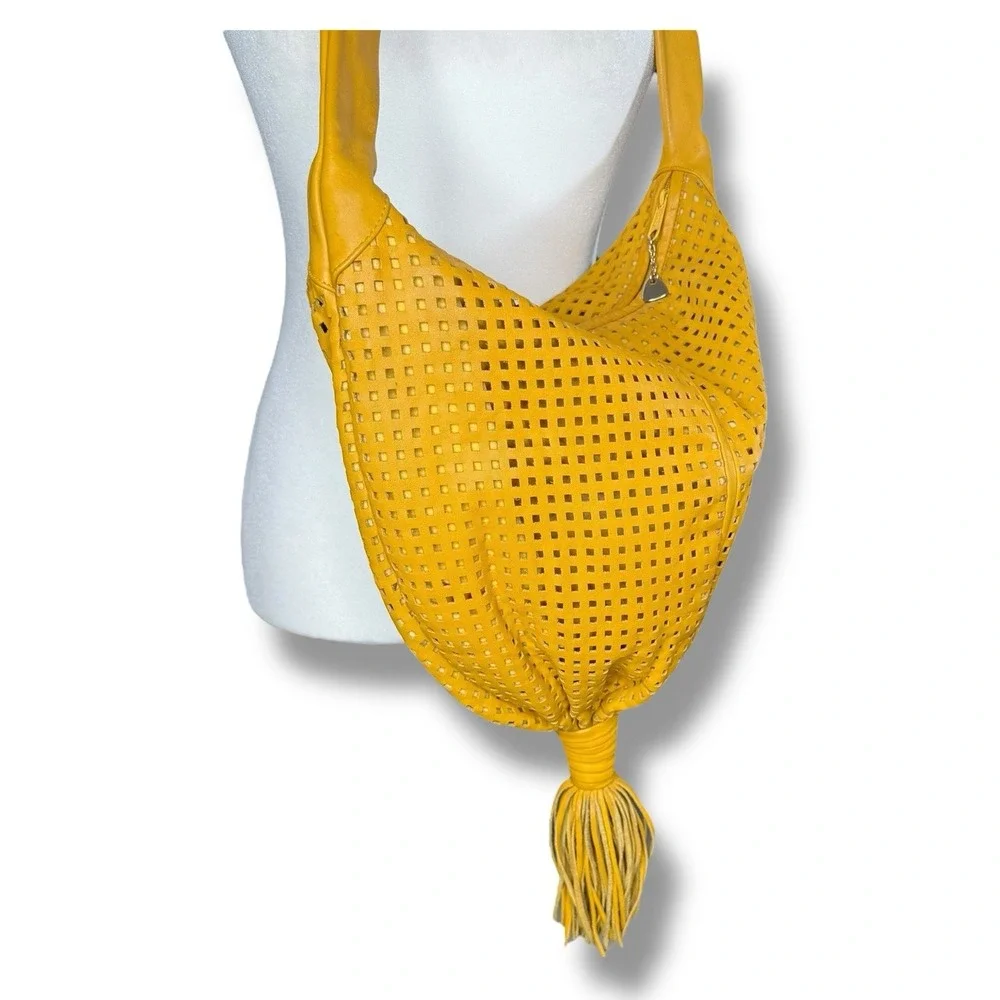Vintage Retro 1980s‎ Brio! Leather Bag Slouchy Hobo Woven Balloon Purse Yellow